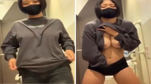 Asian Amateur Girl Masturbating with Her Nude Big Tits Out in a Public Bathroom